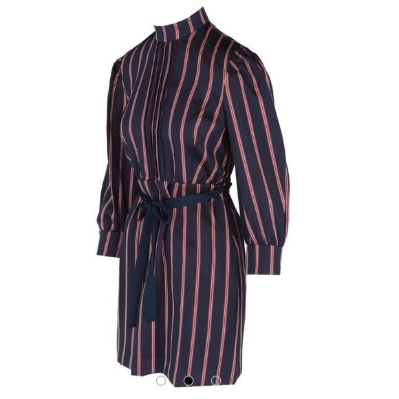 Sandro Deep Navy Blue Striped Respect Satin Dress - Picture 7 of 12